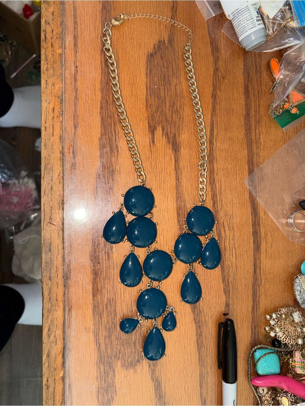 Gold Chain Teal Statement Necklace - Women Jewelry 13 inches